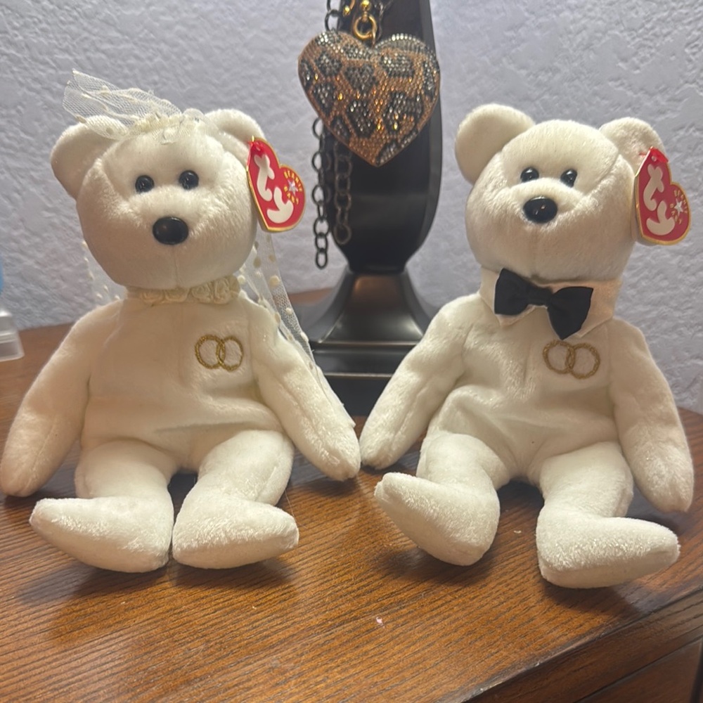 Ty White Wedding Bride and Groom Bear Set Plush Duo